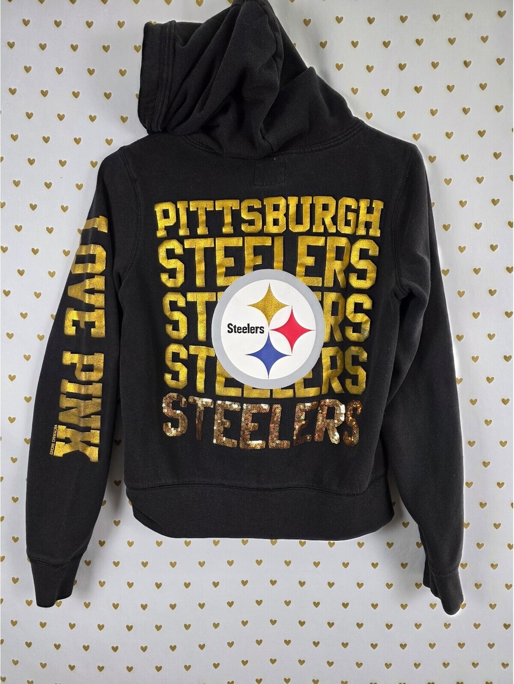 Victoria’s Secret PINK Steelers 33 BLING Sequin Zip Hoodie NFL Medium Black Gold